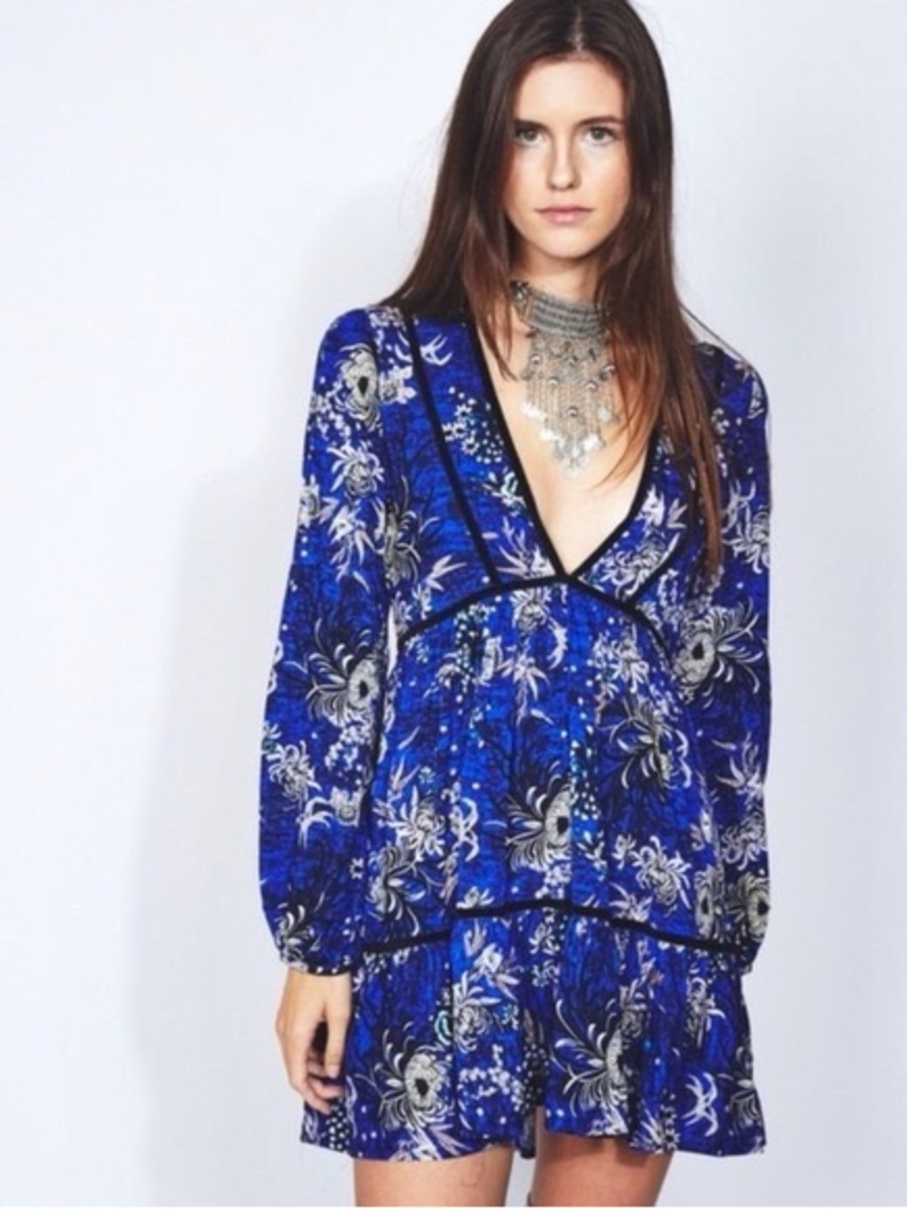 Jaase Lotus Moonlight Jessie Blue Floral Velvet Boho V-Neck Mini Dress Size S